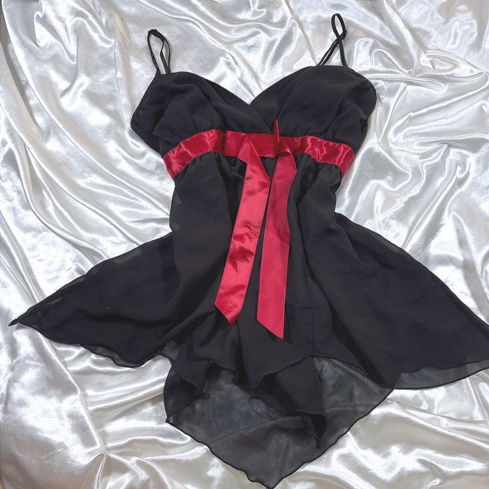 y2k Babydoll Chemise Black Excellent Movie Star Red Satin Bow Sheer Chiffon L